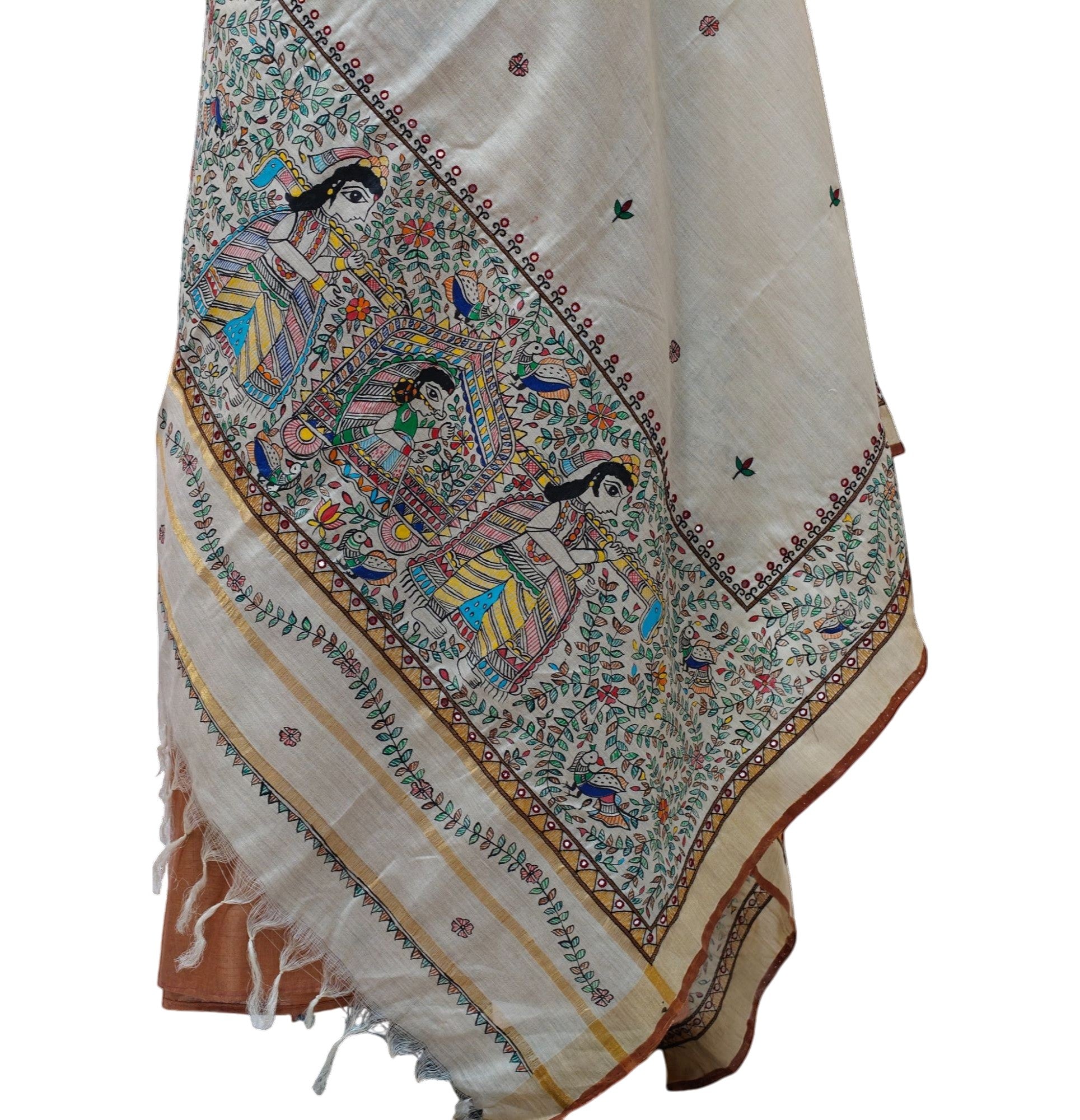 Hand-Painted &  Hand Embroidery (AARI WORK) Unstitched Suit Set on Handwoven Tussar Munga Silk